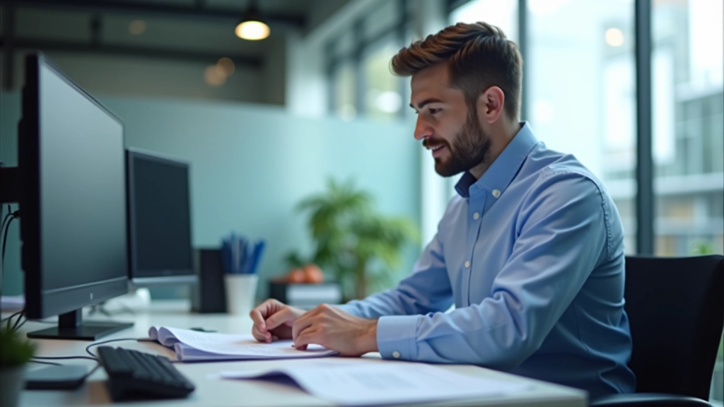 Accounting professional reviewing process documentation and automation workflows at desk with multiple monitors and reference materials