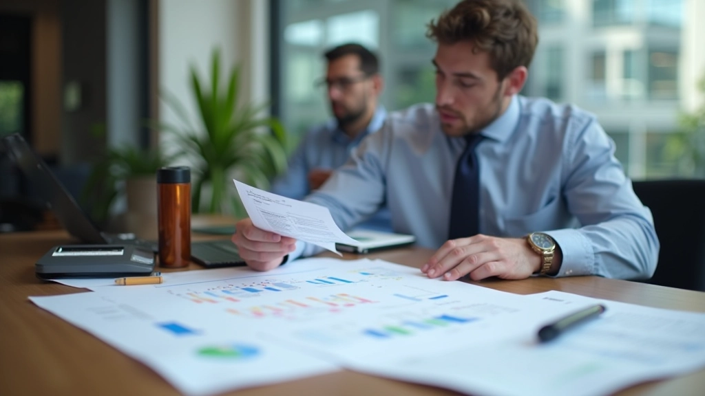 Business team reviewing process flow diagrams and workflow documentation on large monitor
