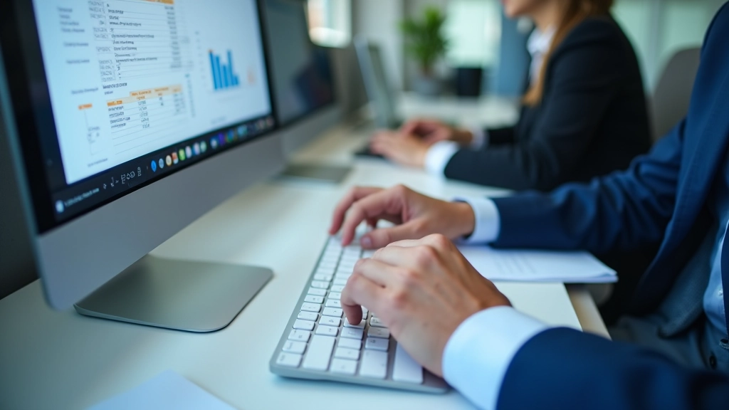 Close-up of hands working at keyboard with multiple spreadsheets visible on monitor in busy accounting office