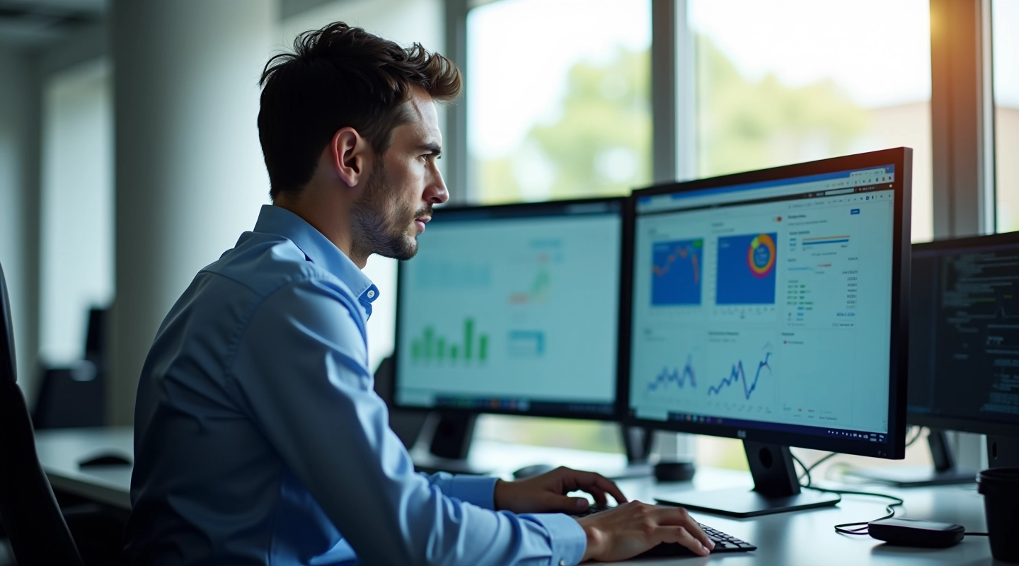 Accountant reviewing financial documents and spreadsheets on computer monitor in modern office setting