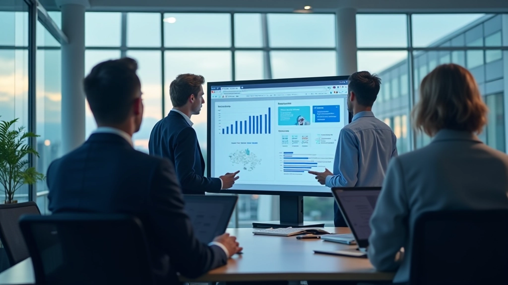 Team of professionals reviewing dashboard metrics on large monitor in modern office space