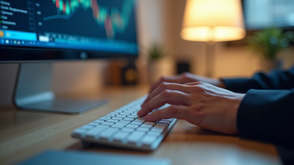 Close-up of hands typing on keyboard with financial dashboard visible on screen background