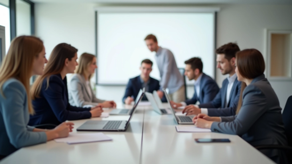 Team of accountants collaborating around a conference table with laptop and printed reports