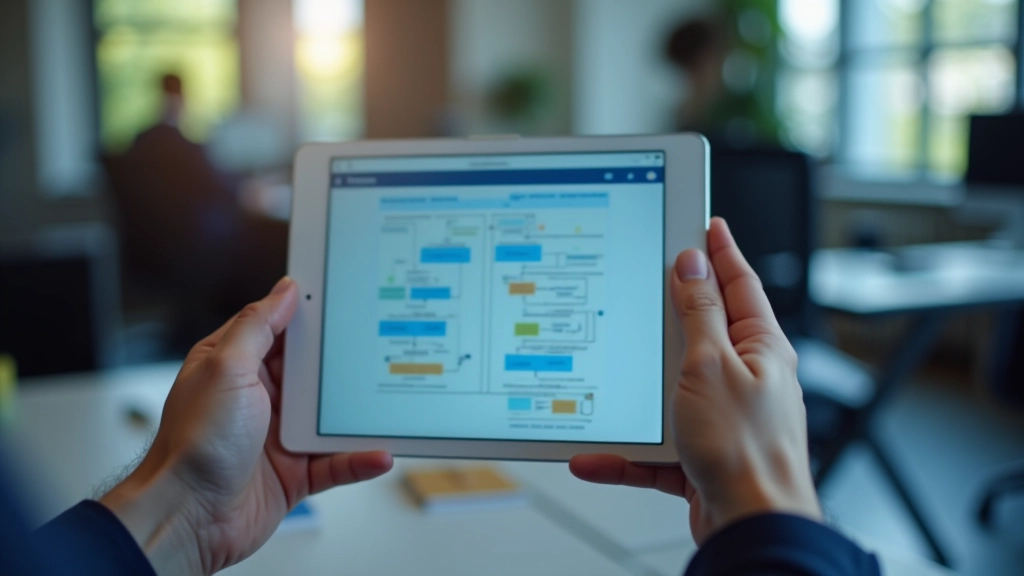 Close-up of hands pointing at a workflow diagram on a tablet screen showing process automation steps