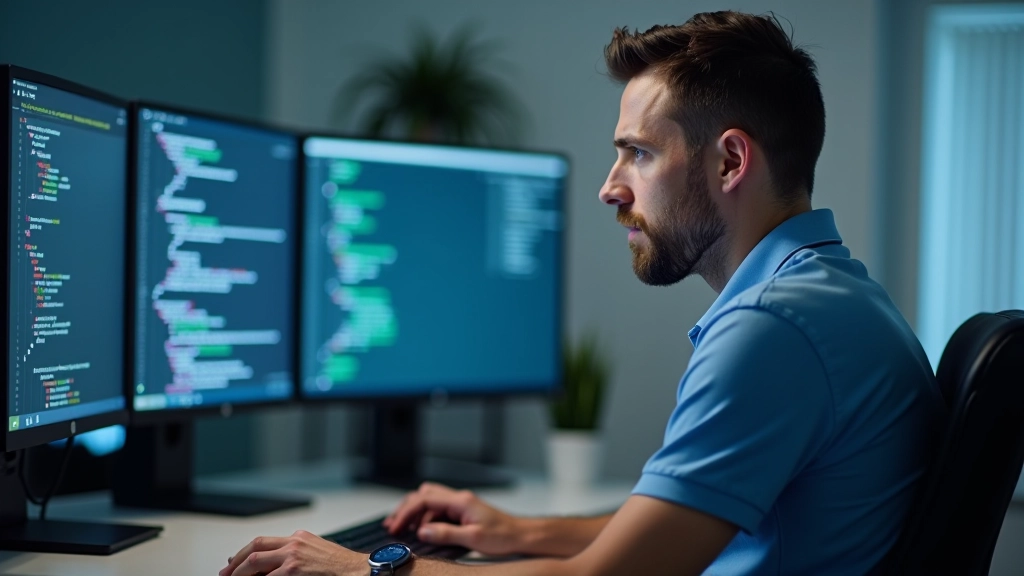 Software developer and business analyst collaborating at desk with multiple monitors showing code and documentation
