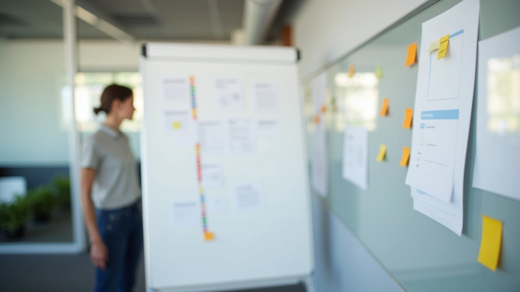 Project timeline on whiteboard with planning notes and sticky notes in modern office workspace