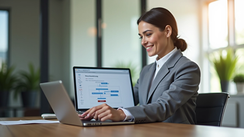 Accountant reviewing automated workflow diagram on tablet device in professional office