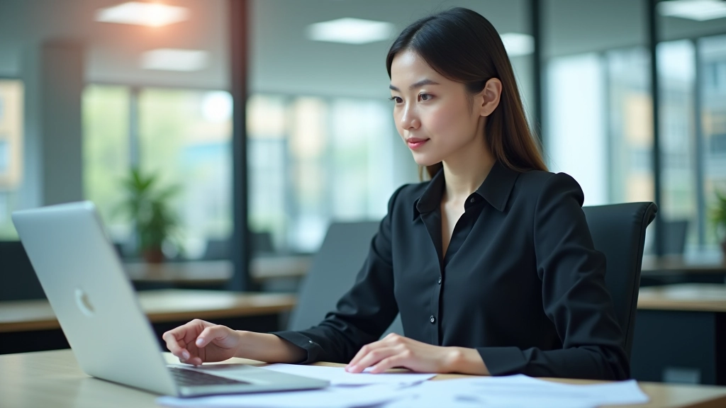 Woman at desk reviewing financial documents and using laptop in modern office environment with natural lighting